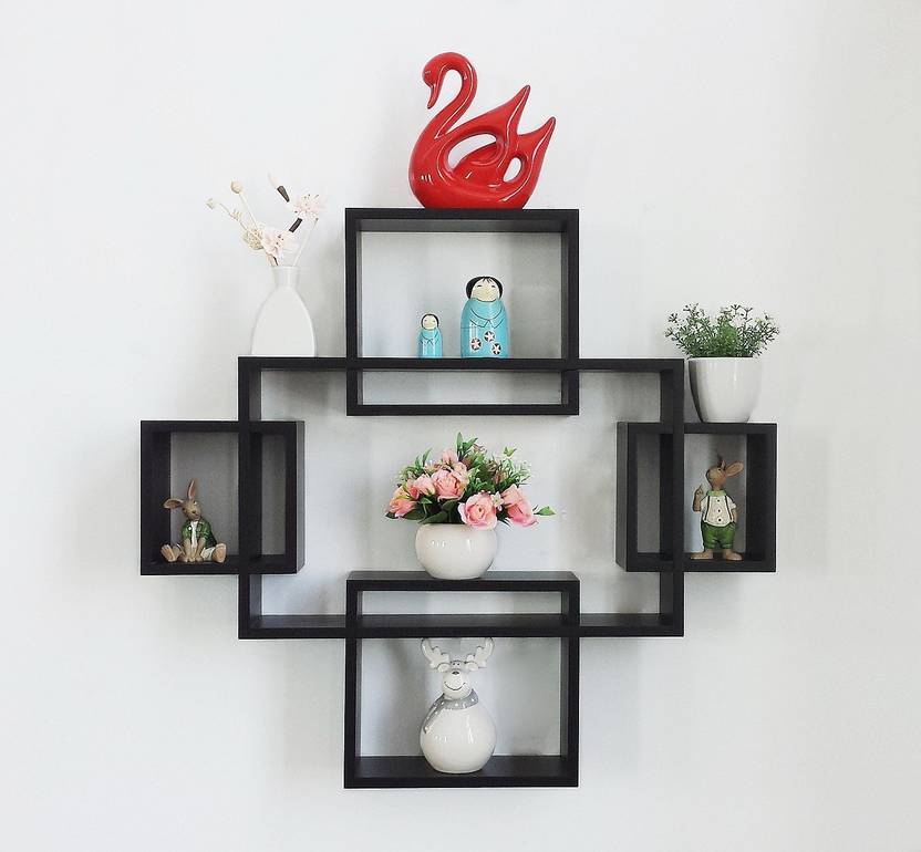 Driftingwood Wooden Intersecting Wall Shelves Shelf For Living Room Set Of 5 Black