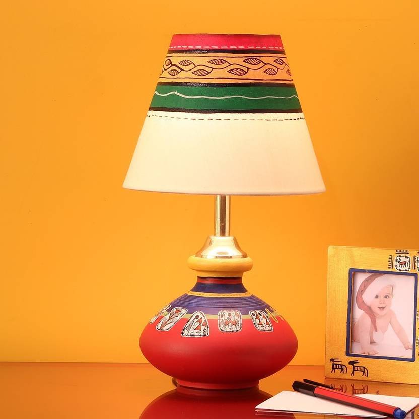 Exclusivelane 10 Inch Terracotta Warli Hand Painted Pot Shaped Round Table Lamp