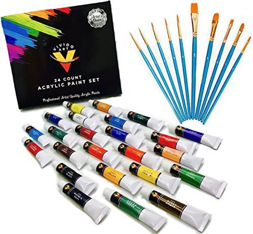 Vivido Art Acrylic Paint Set 24 Colors Bonus 10 Acrylic Paint Brushes