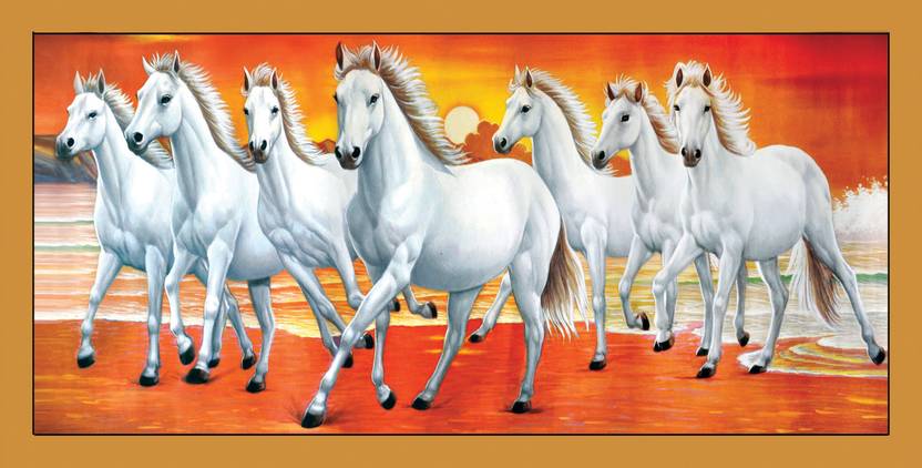 Vastu White 7 Horse Large Vastu Paintings Original Artist Work Special Canvas Paper Print Sticker Poster Wallpaper Fine Art Print