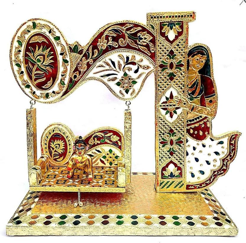 Khushi Enterprises Wooden Handcrafted Meenakari Kalash Swing Jhula For Laddu Gopal God Idol Krishna Jhula Sai Baba Jhula Ganesha Jhula Jhula