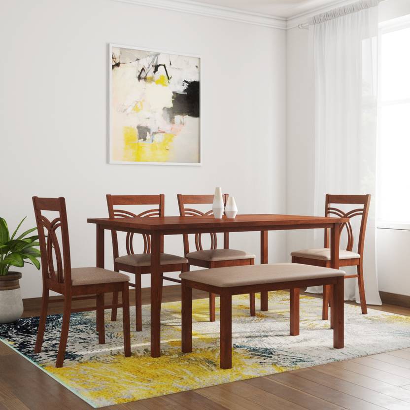 HomeTown Stella Solid Wood 6 Seater Dining Set Finish Color Dark Walnut