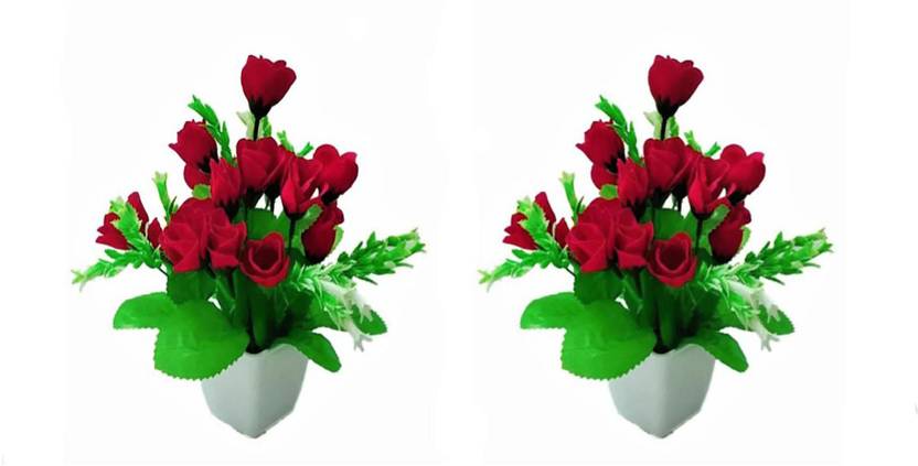Rose Vibe Red Flower Vase 2 Red Green White Rose Artificial