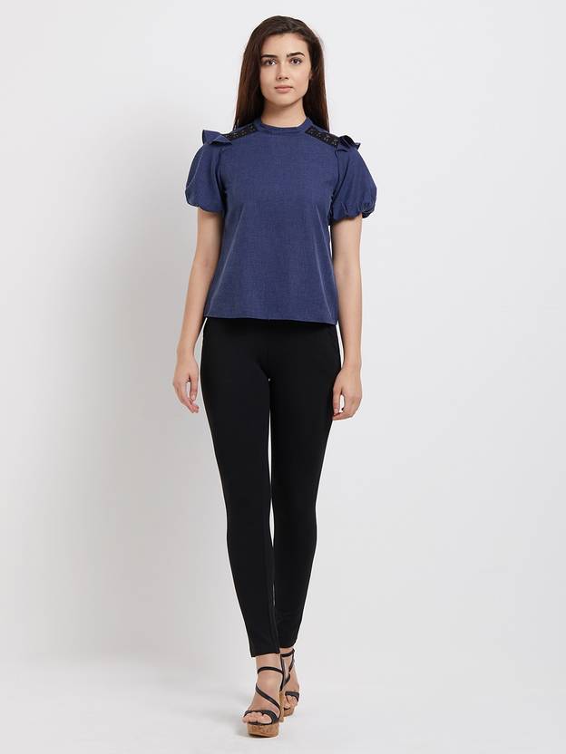 109 F Casual Half Sleeve Solid Women S Dark Blue Top Buy