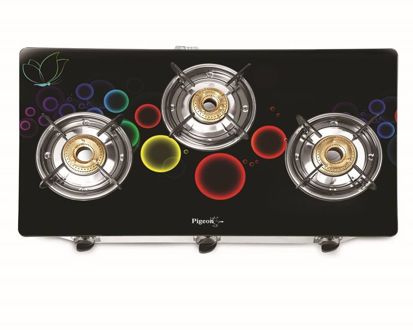 Pigeon Smart Plus 3 Burner (Black) Glass, Stainless Steel Manual Gas