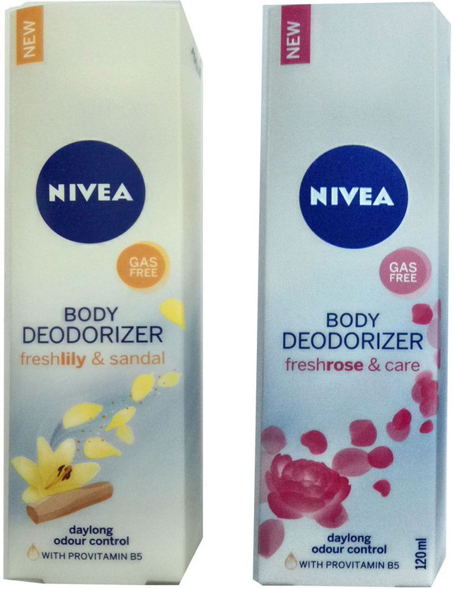 NIVEA FRESH ROSE & CARE BODY DEODORIZER 120 ML+FRESH LILY & SANDAL BODY DEODORIZER 120 ML Deodorant Spray  -  For Men & Women(120 ml, Pack of 2)