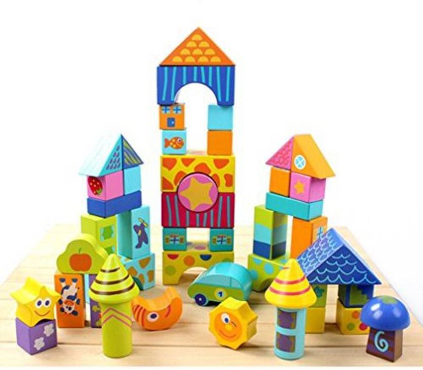 Genrc Kids Wooden 50Pcs Scenario Building Blocks Toy Set Kids Developmental Logs Toy Set Children Early Learning Toy (Multicolor)
