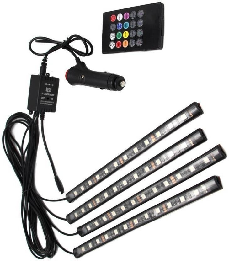 NEWGTBE Atmosphere Lights Car LED Strip Light 4pcs 48 LED DC 12V Multicolor Music Car Interior Light LED Under Dash Lighting Kit with Sound Active Function and Wireless Remote Control Car Fancy Lights(Multicolor)