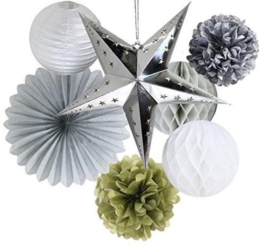Mobel Wohnen 7 X Silver Grey Tissue Paper Pompoms Hanging
