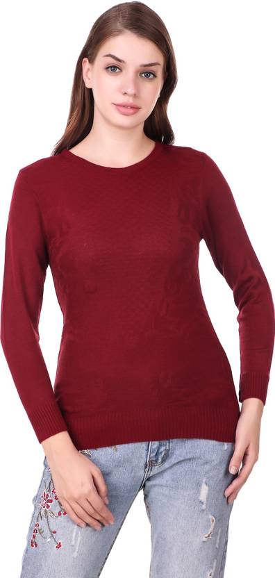 [Size M] Christy World Women Solid Round Neck Maroon Sweater