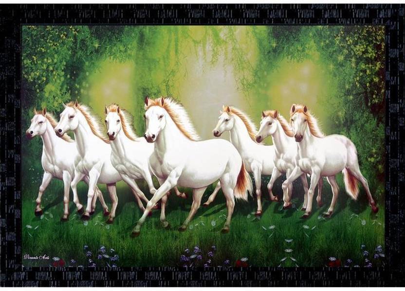 Janki Lucky Seven 7 White Running Horses Vastu Wall Painting Canvas 14 Inch X 20 Inch Painting