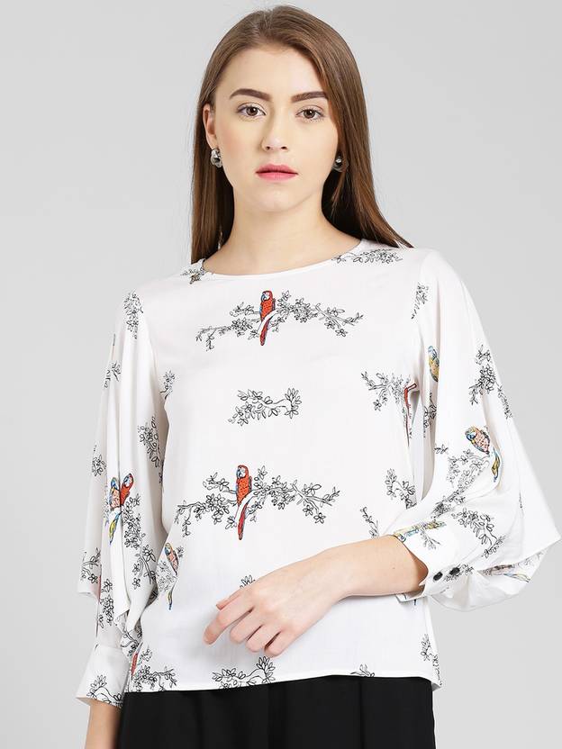 Zink London Casual Bishop Sleeve Printed Women S White Top Buy