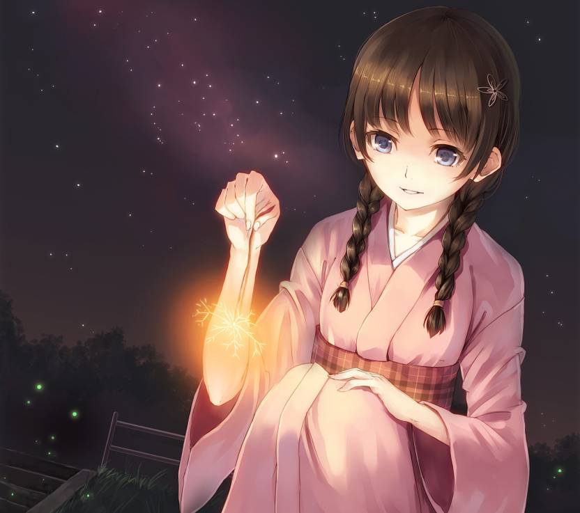 Athah Anime Original Brown Hair Long Hair Braid Blue Eyes Kimono