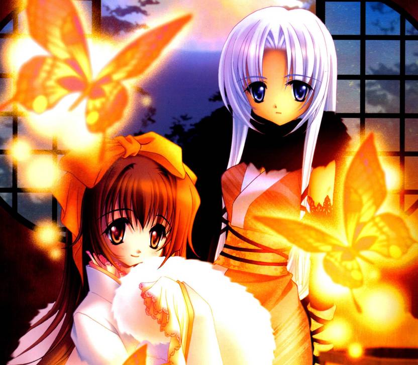 Athah Anime Original Long Hair Smile Butterfly Kimono White