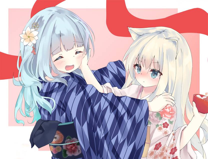 Athah Anime Original White Hair Girl Yukata Blue Eyes Blue