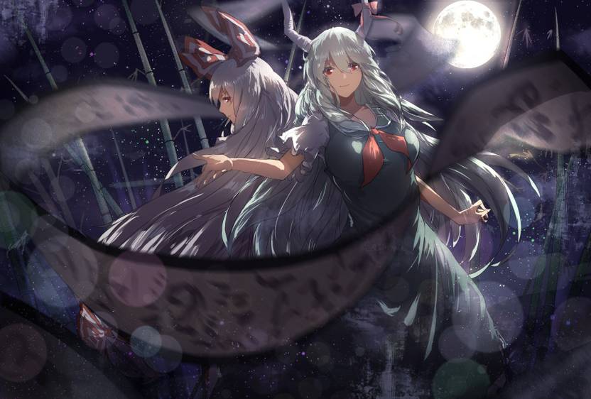 Athah Anime Touhou Green Dress Bamboo Bow Red Eyes White Hair