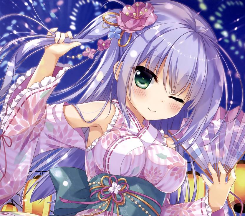 Athah Anime Original Long Hair Fan Kimono Purple Hair Wink Flower