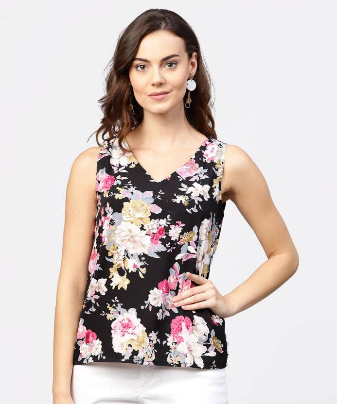 Aasi - House of Nayo Casual Sleeveless Floral Print Women's Black Top