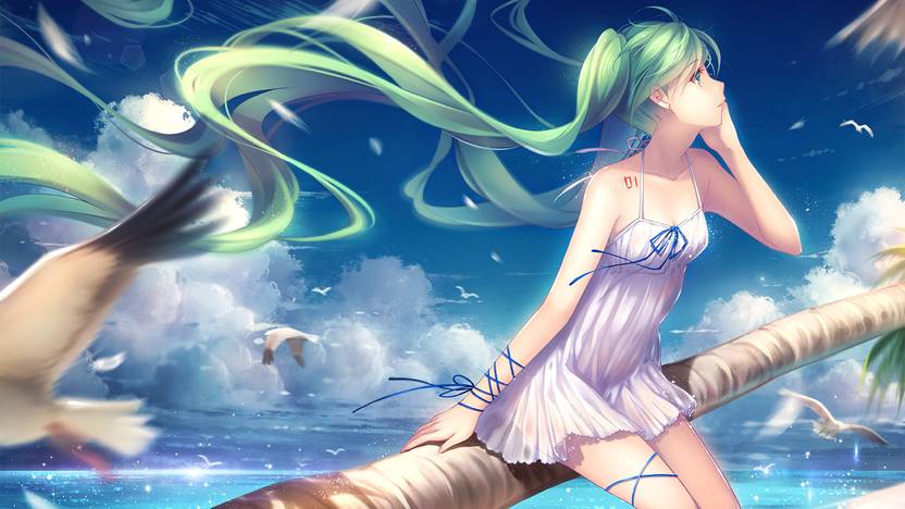 Athah Anime Vocaloid Long Hair Dress Green Eyes Beach Green
