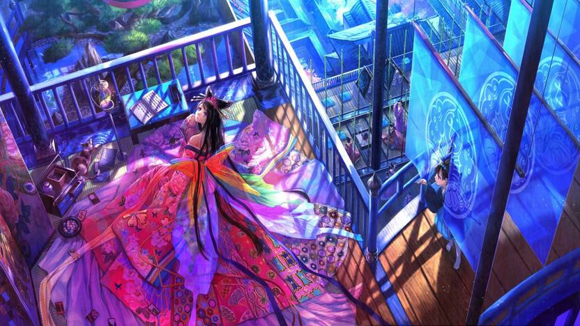 Athah Anime Girl Colorful Oriental Kimono Cat Long Hair