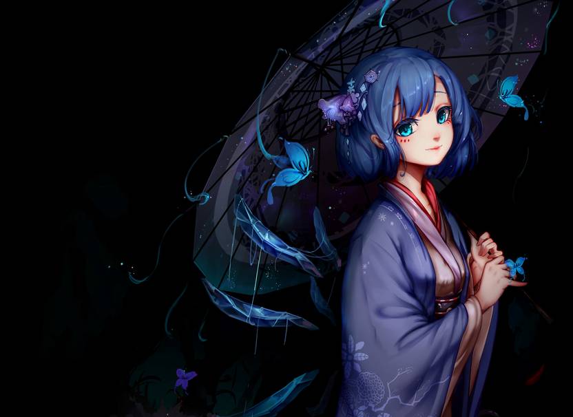 Athah Anime Touhou Girl Cirno Kimono Umbrella Butterfly Short Hair