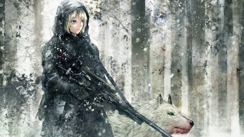 Athah Anime Unknown Wolf Blue Eyes Blonde Hood Girl Gun Short Hair