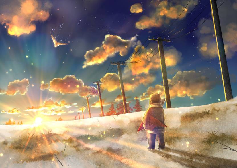 Athah Anime Original Sunbeam Sky Bird Cloud Power Line Child