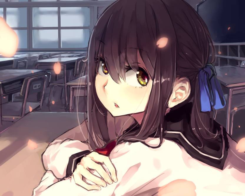 Athah Anime Original Girl Long Hair Brown Hair Yellow Eyes School