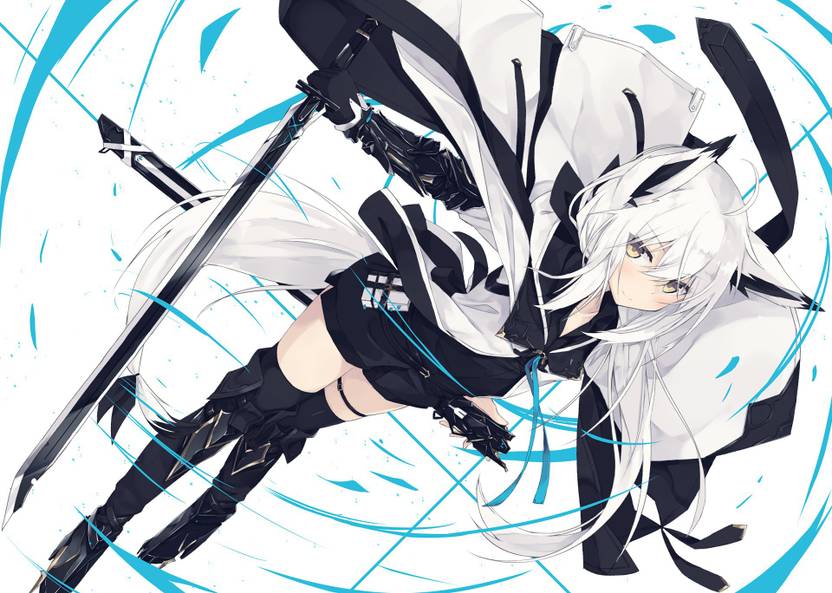 Athah Anime Original Nekomimi White Hair Thigh Highs Sword