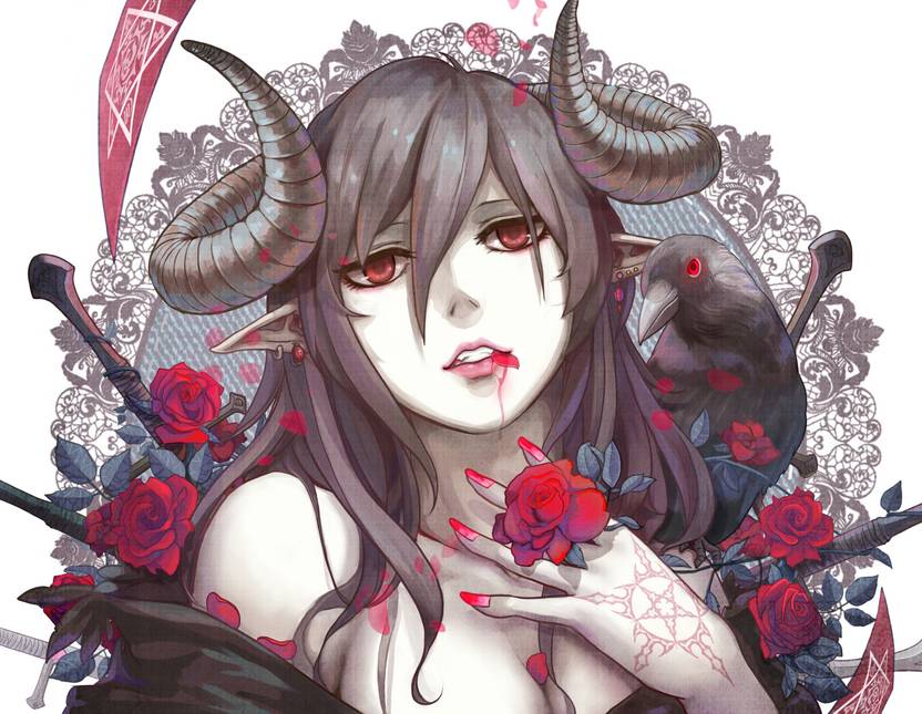 Athah Anime Original Girl Horns Blood Crow Rose Red Eyes