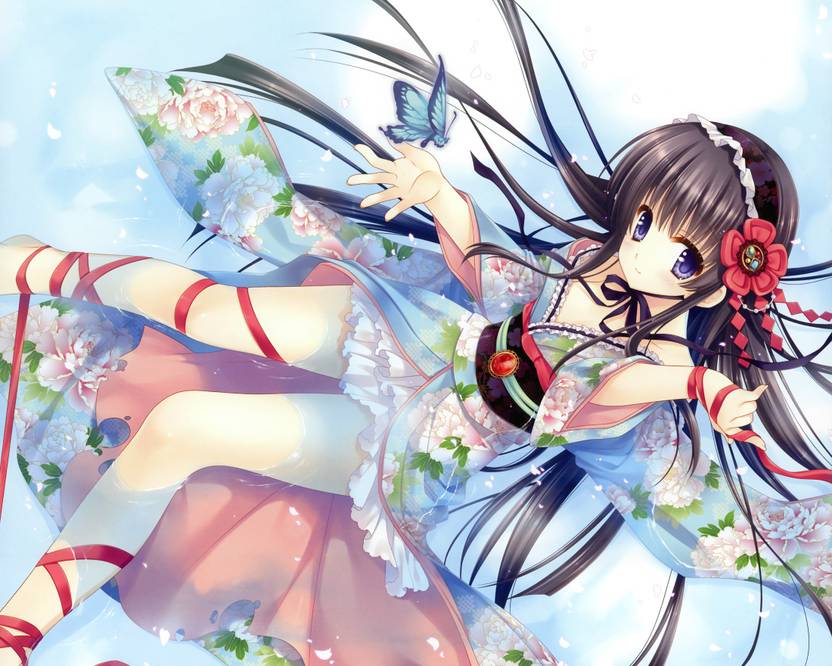Athah Anime Women Japanese Clothes Flower Butterfly Black