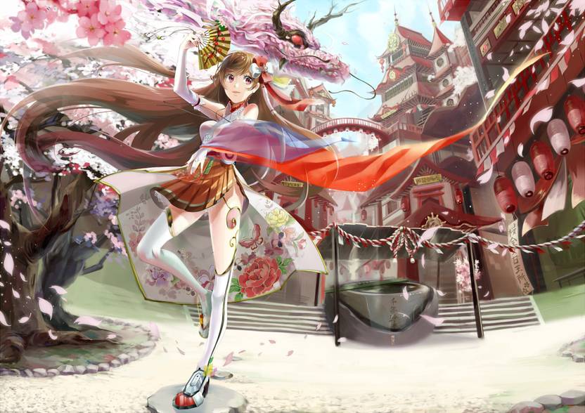 Athah Anime Original Girl City Flower Brown Hair Thigh Highs