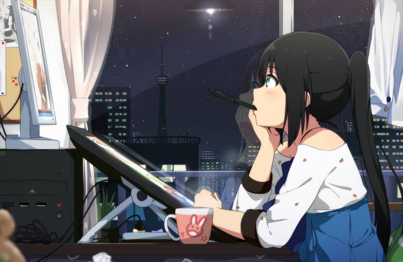 Athah Anime Original Girl Pen Long Hair Black Hair Ponytail