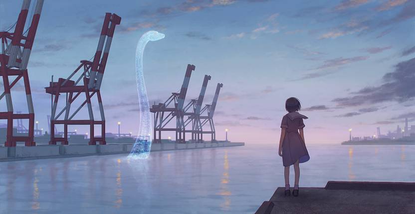 Athah Anime Original Harbor Sea Dinosaur Girl Evening Sky
