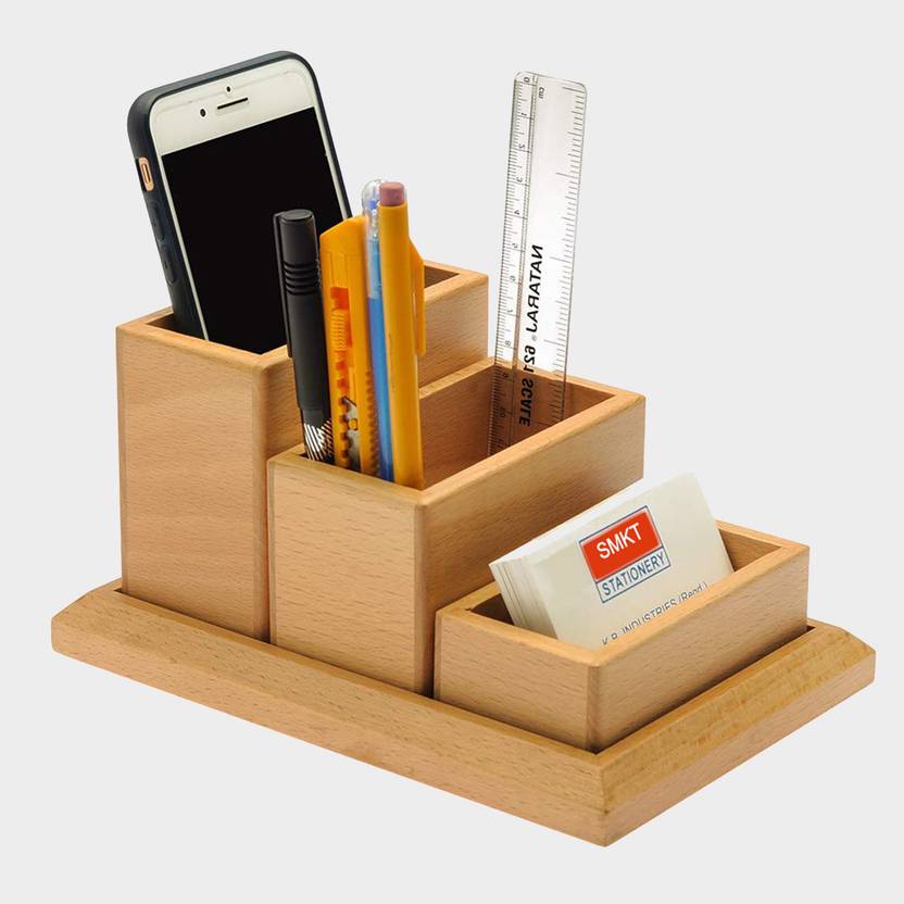 Flipkart.com | SMKT 4 Compartments bamboo Holder Table Accessory Desk ...