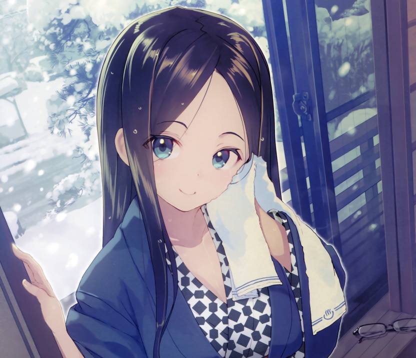 Athah Anime Original Long Hair Black Hair Glasses Towel Blue