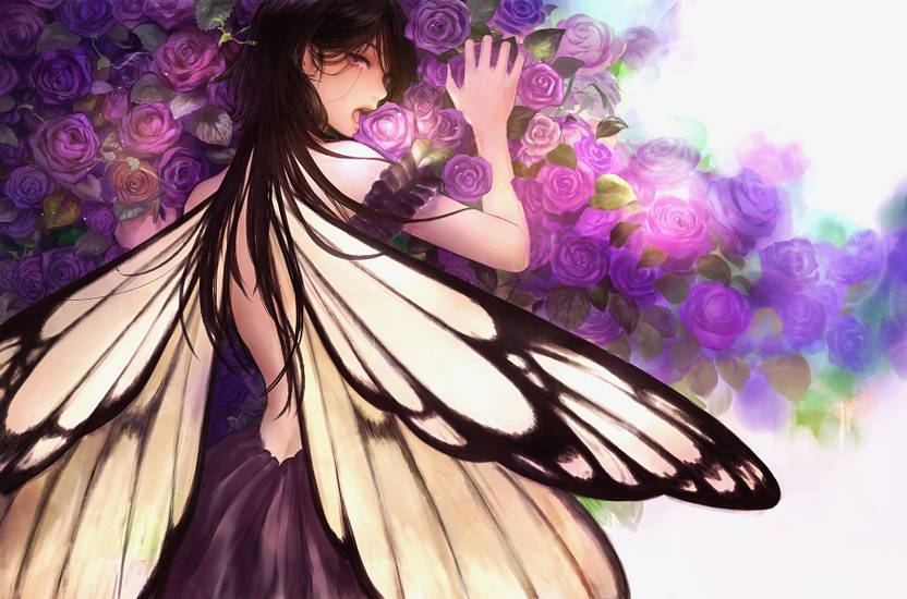 Athah Anime Original Girl Wings Flower Rose Purple Long Hair