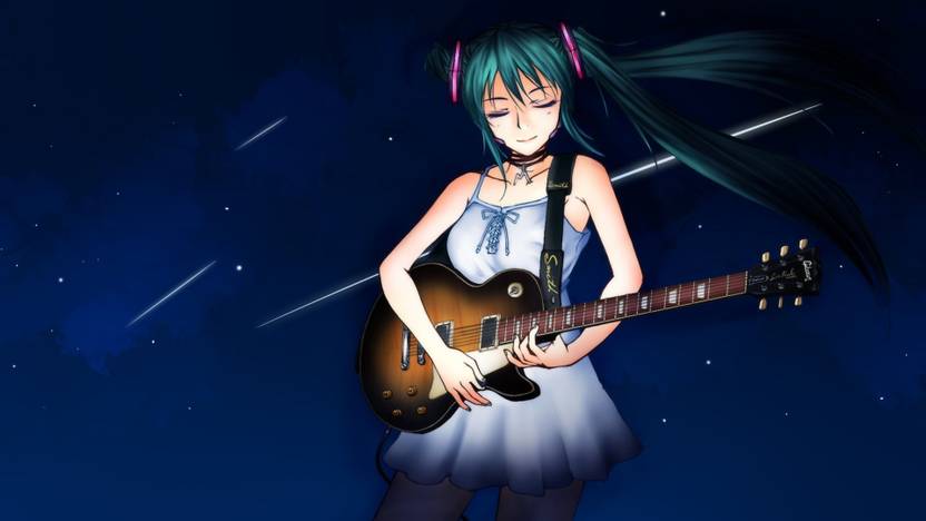 Athah Anime Vocaloid Hatsune Miku Twintails Blue Hair Guitar