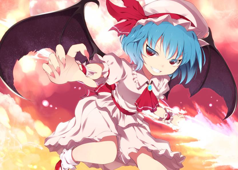 Athah Anime Touhou Remilia Scarlet Blue Hair Red Eyes Dress