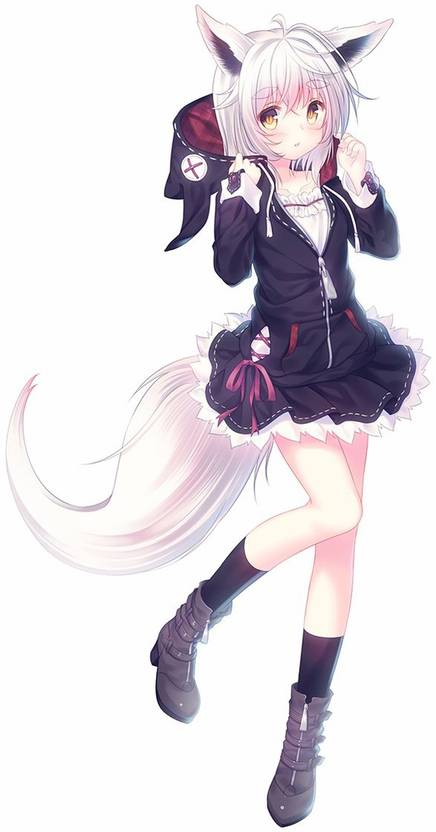 Athah Anime Original Nekomimi Hoodie Tail White Hair Short
