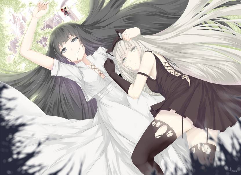 Long Hair Anime Girls Black Hair White Clothes Butterflies Wallpaper