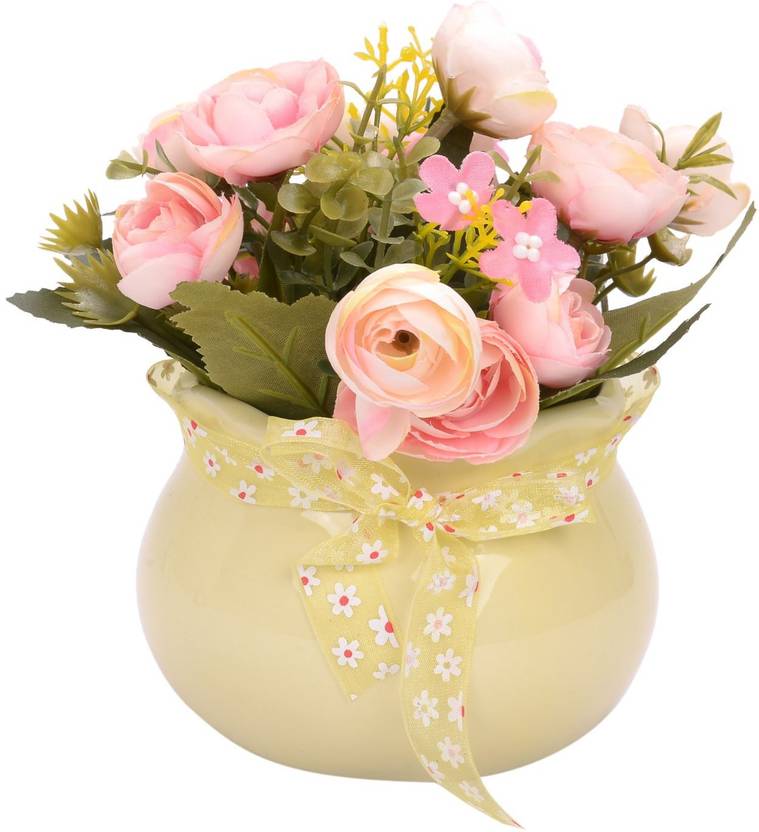 Scrafts Small Round Ribbon Ceramic Base Artificial Dry Faux