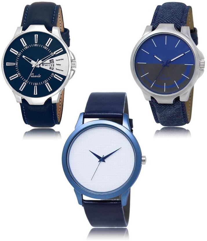 Neutron Modern Casual Day And Date Blue Color 3 Watch Combo Bl46