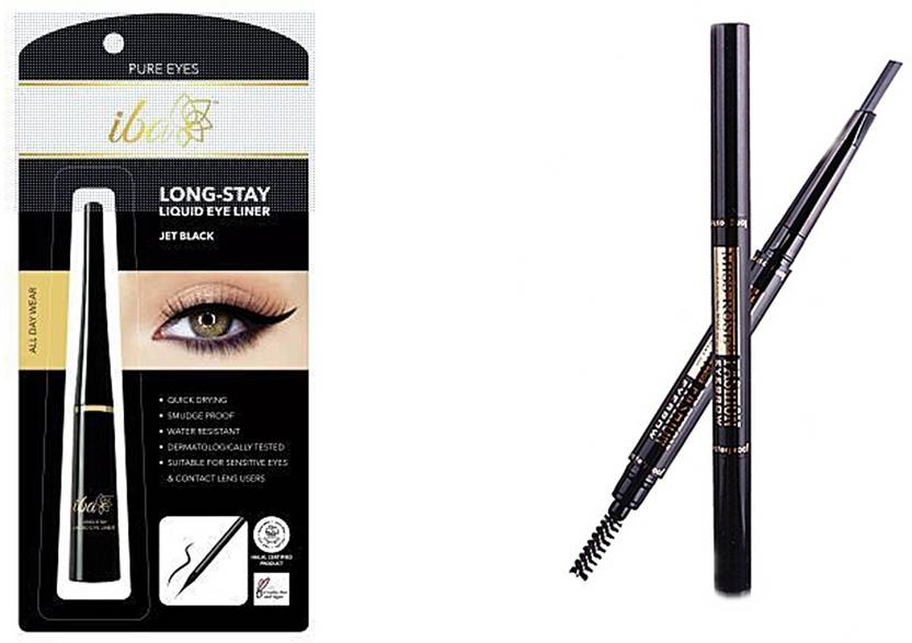 iba halal care Long Stay Liquid Eyeliner 6.5 ml (Jet Black) with 2 in 1 Eyebrow Pencil with Eye Brows Brush Waterproof ...