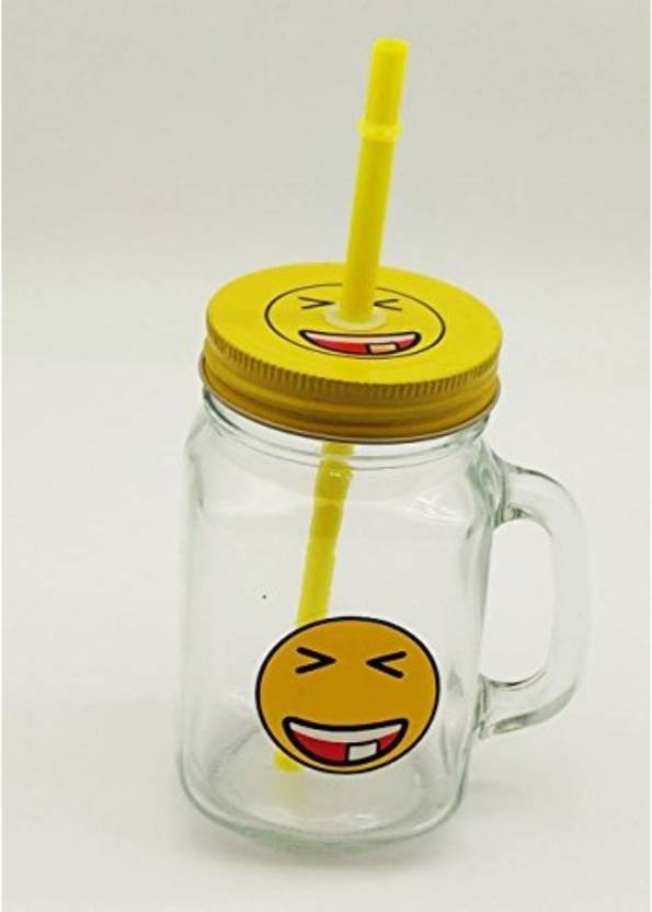 Satyam Kraft Smiley Glass Mason Jar With Lid And Straw 500 Ml