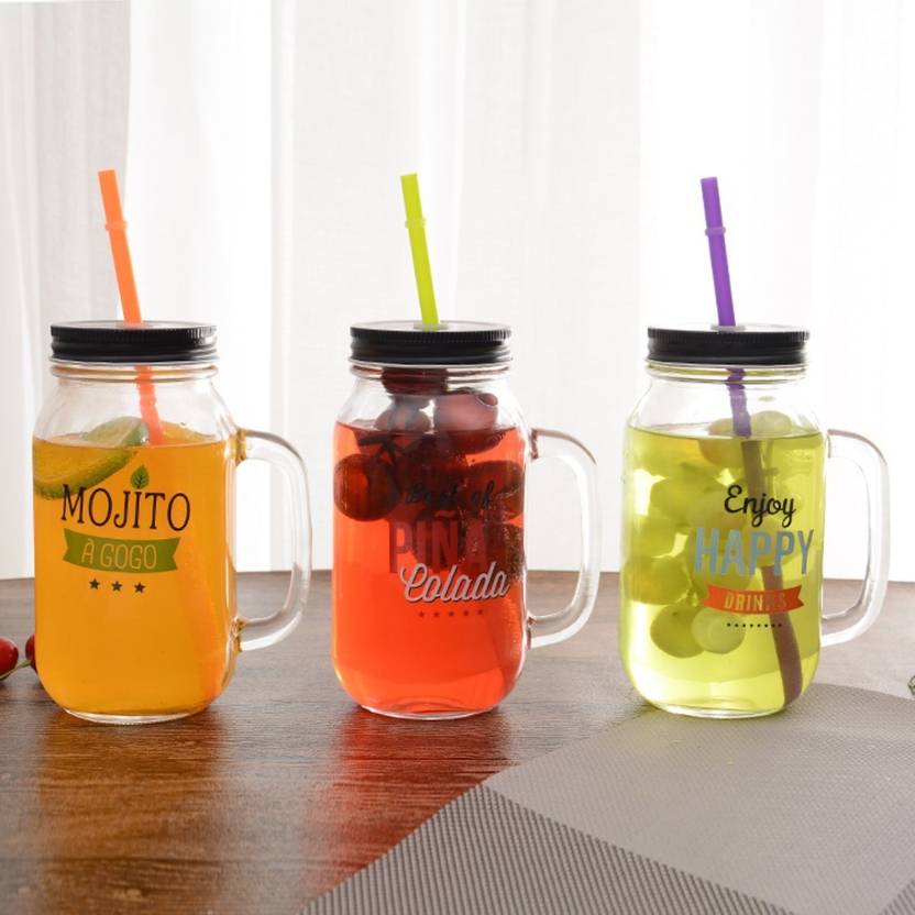 Satyam Kraft (Pack of 3)Mocktail Mason Jar with Lid and Straw - 800 ml /new year ...