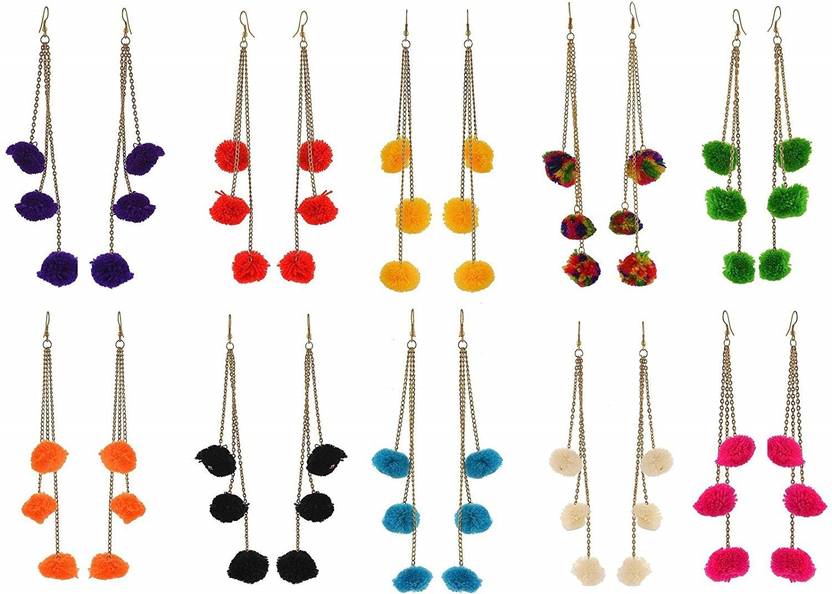 Flipkart Com Buy Ayeshu Pom Pom Chain Earrings Set Of 10 Pairs Metal Tassel Earring Dangle Earring Earring Set Online At Best Prices In India