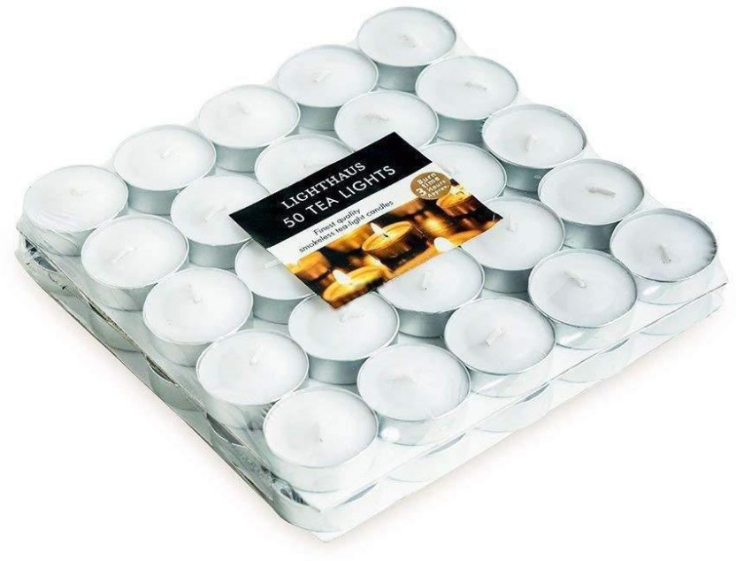 4 Hour Burn Time Dripless World of Candles White Tea Light Candles 50 Pack Unscented Decorative Gold Tin Holders Smokeless
