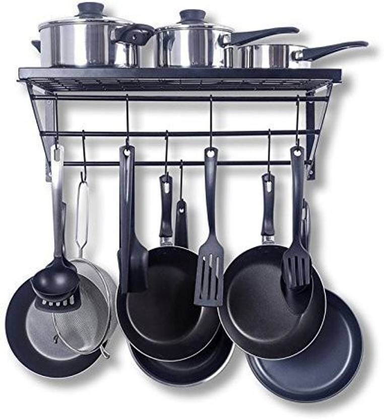 Indian Starline Kitchen Wall Pot Rack With Hooks â Decorative Mounted Storage Multi Purpose Shelf Organizer Great For