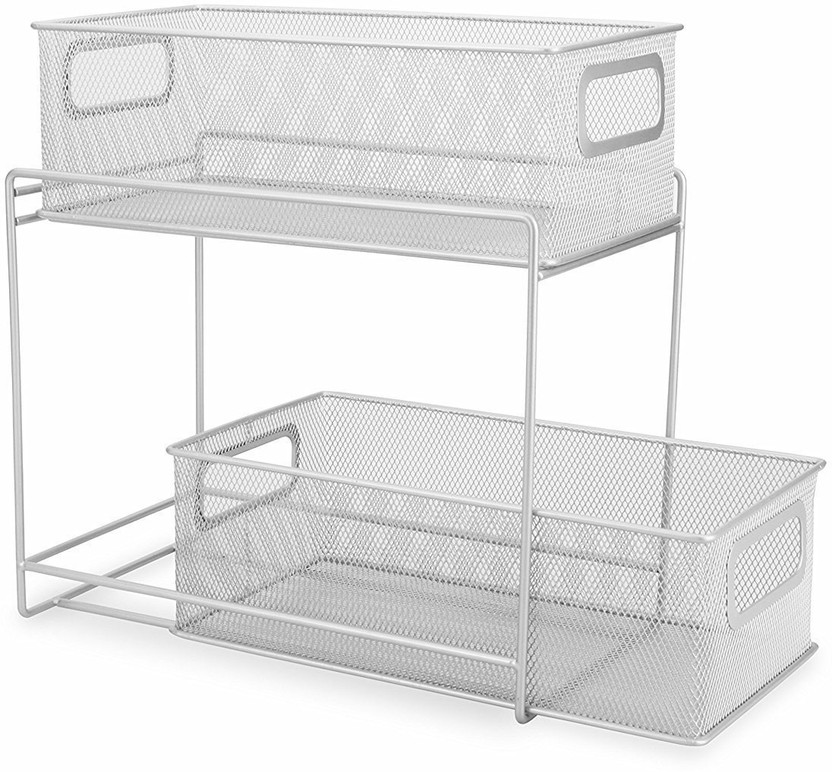 2 Tier Sliding Basket Organizer Metal Mesh Drawer Pantry Rack Organizer